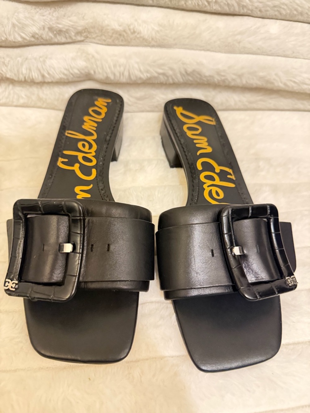 Sam Edelman Black Leather Buckle Slide Mules